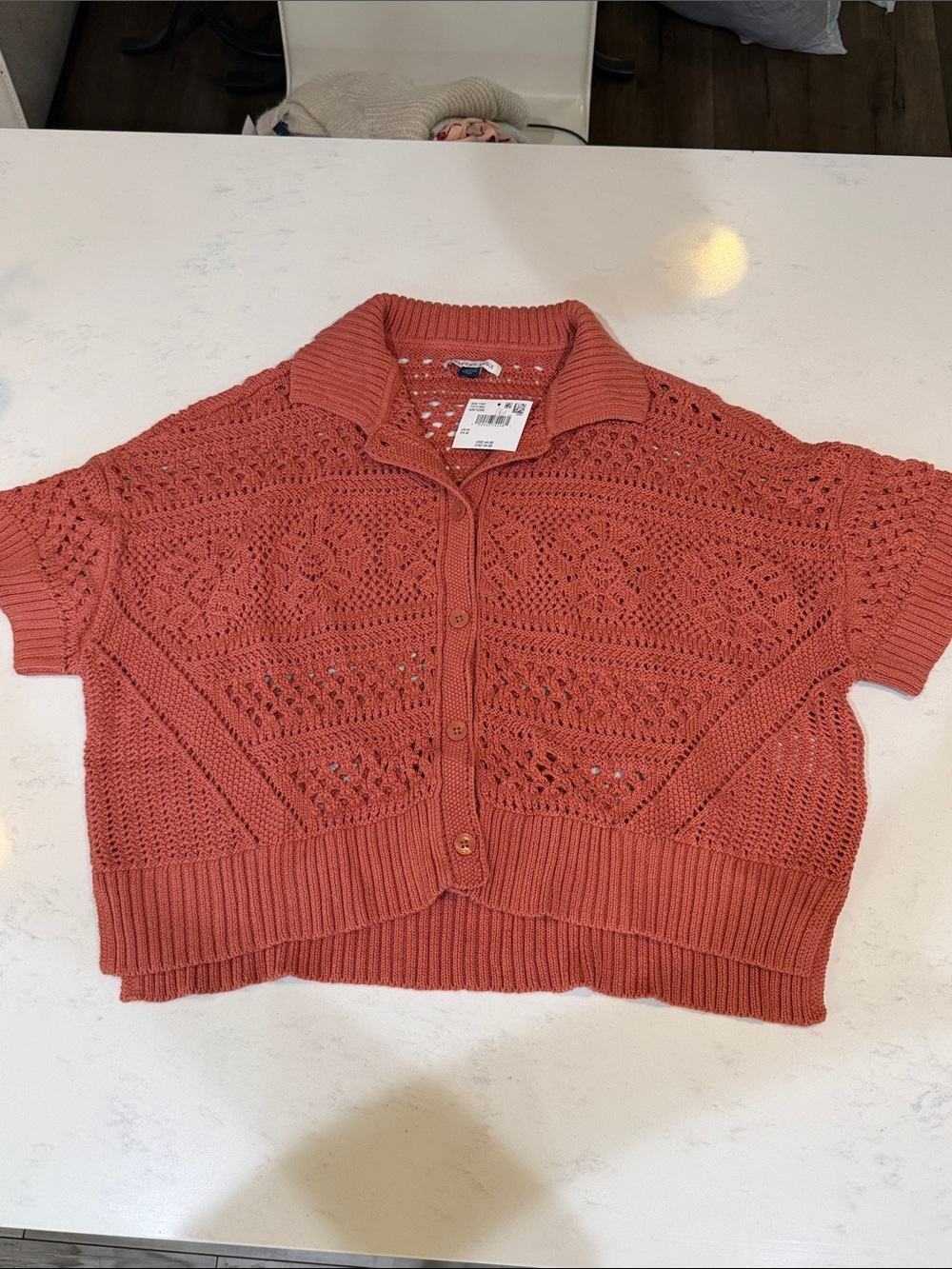 American Eagle Crochet Button-Front Short Sleeve Cardigan